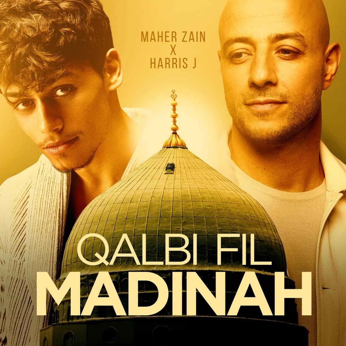 Qalbi Fil Madinah cover: Maher Zain and Harris J above the green dome of the Prophet’s Mosque