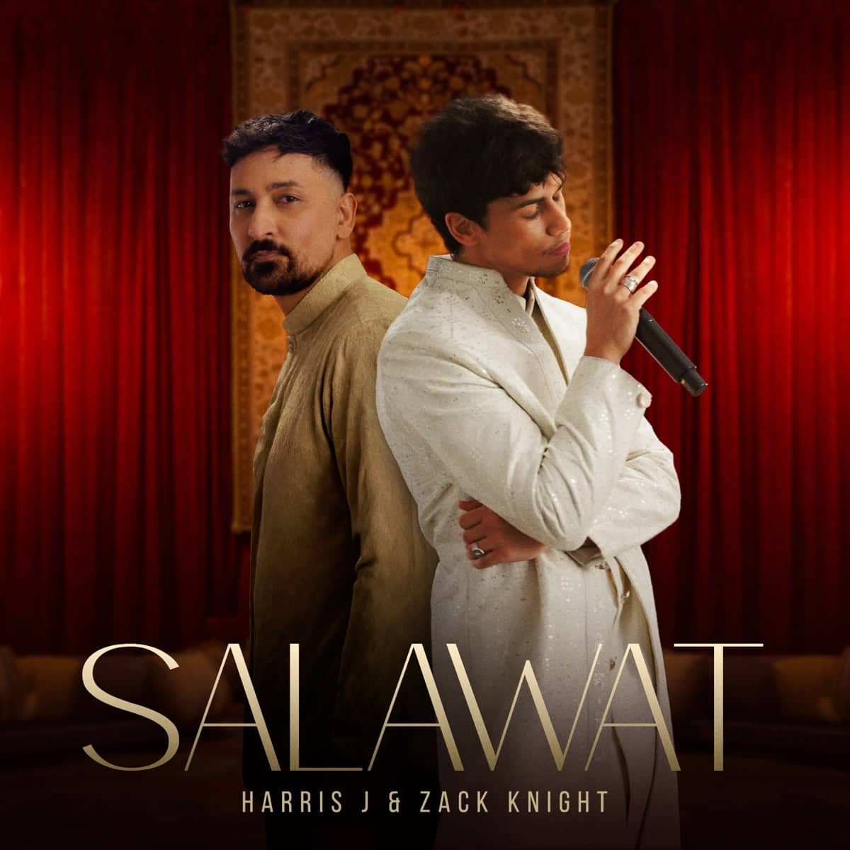 Salawat cover: Harris J and Zack Knight in front of crimson velvet curtains and an ornate carpet